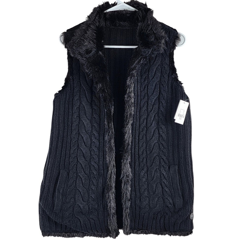 New York‎ & Company Reversible Sweater Vest Women XS/S Black Faux Fur Cable Knit
